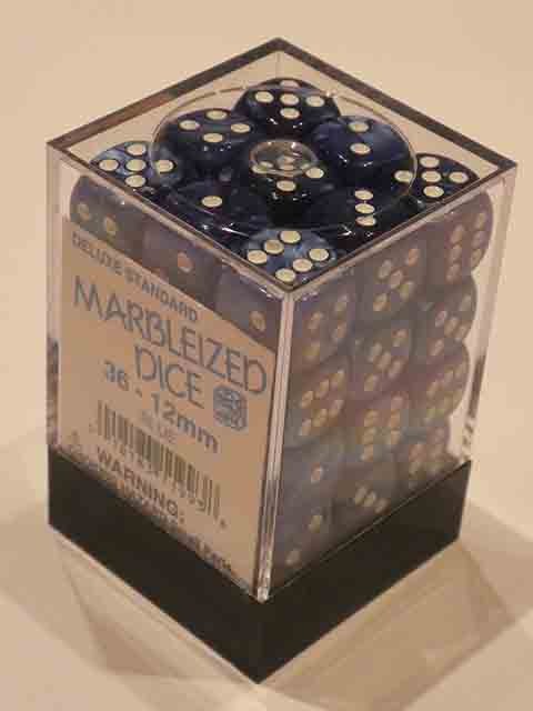 Koplow Würfel - Marble Deluxe : blau / weiß - 12mm, 36 Stück