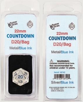 Koplow Würfel - Metal: Countdown silber/blau 22mm W20 mit Tasche