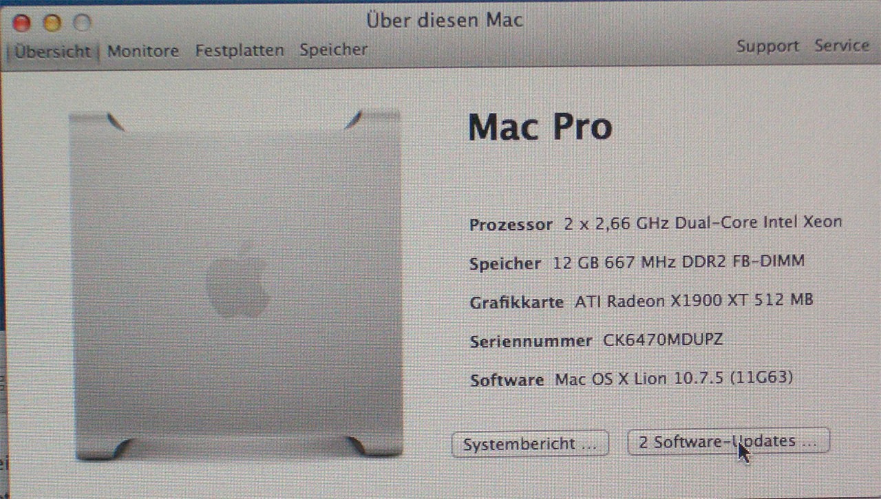 Mac Pro 1,1 * Dual Core Xeon 2,66GHz * 12GB Speicher * 480GB SSD