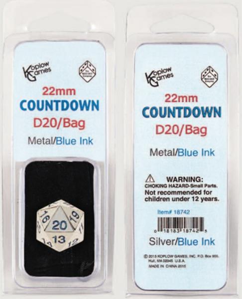 Koplow Würfel - Metal: Countdown silber/blau 22mm W20 mit Tasche